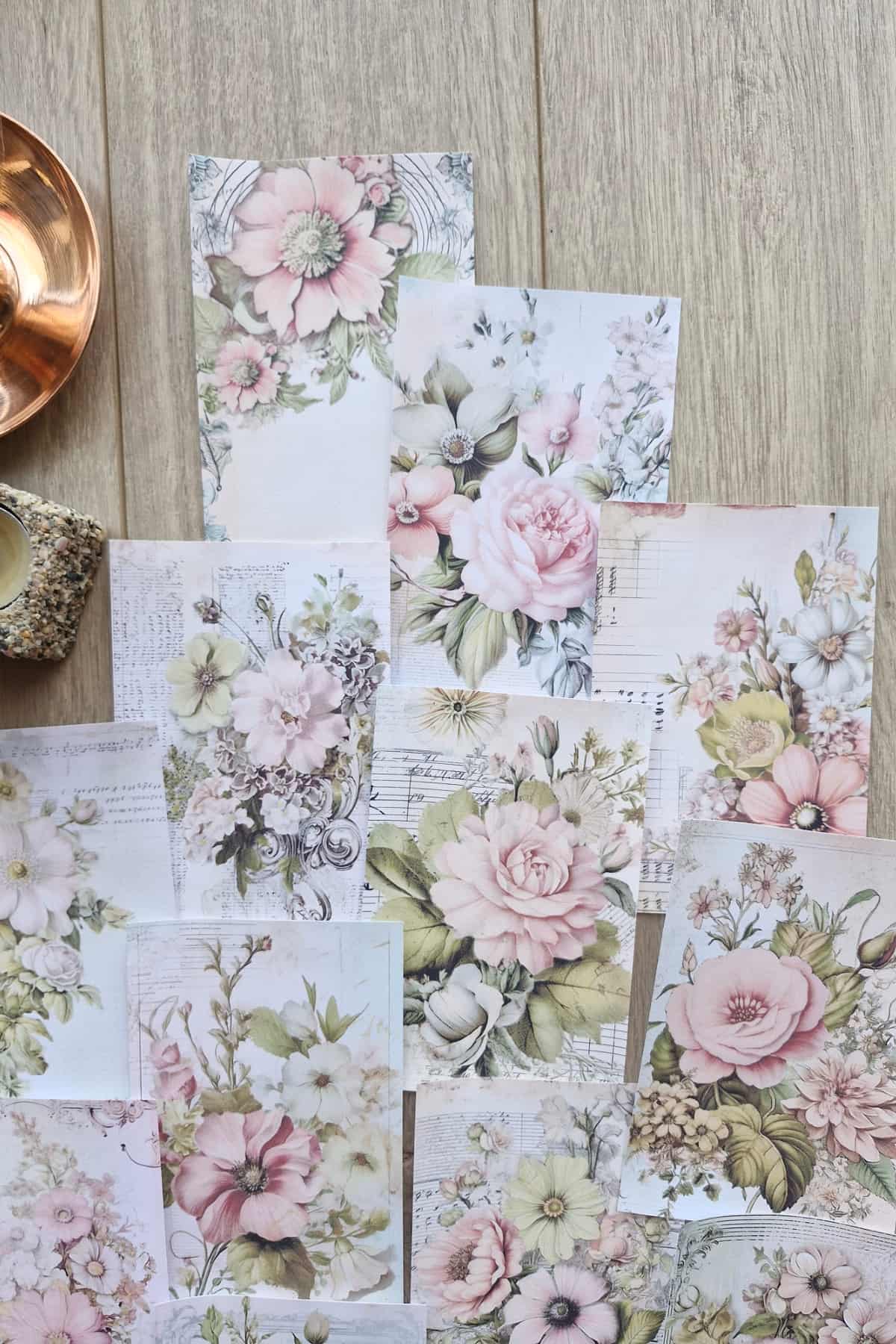 15 Adet Eskitme Vintage Pembe Gül Temalı Scrapbook Kağıt Seti Bullet Journal Dekupaj Kağıdı
