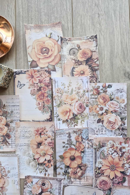 15 Adet Eskitme Vintage Turuncu Gül Temalı Scrapbook Kağıt Seti Bullet Journal Dekupaj Kağıdı