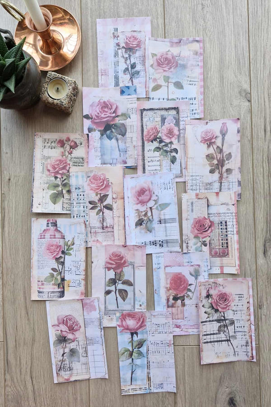 15 Adet Eskitme Vintage Pembe Gül Temalı Scrapbook Kağıt Seti Bullet Journal Dekupaj Kağıdı