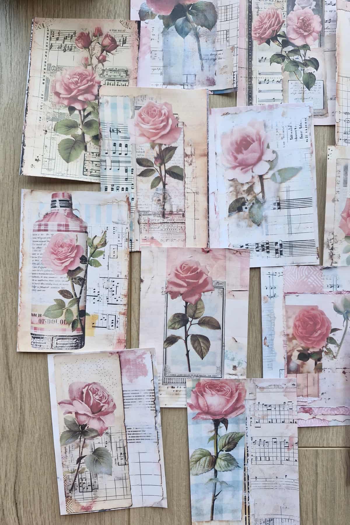 15 Adet Eskitme Vintage Pembe Gül Temalı Scrapbook Kağıt Seti Bullet Journal Dekupaj Kağıdı