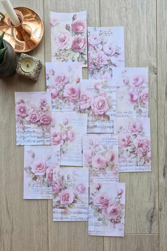 12 Adet Eskitme Vintage Pembe Gül Temalı Scrapbook Kağıt Seti Bullet Journal Dekupaj Kağıdı Nota