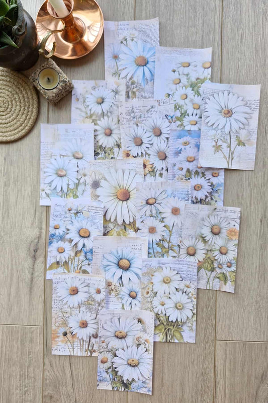 15 Adet Eskitme Vintage Papatya Temalı Scrapbook Kağıt Seti Bullet Journal Dekupaj Kağıdı