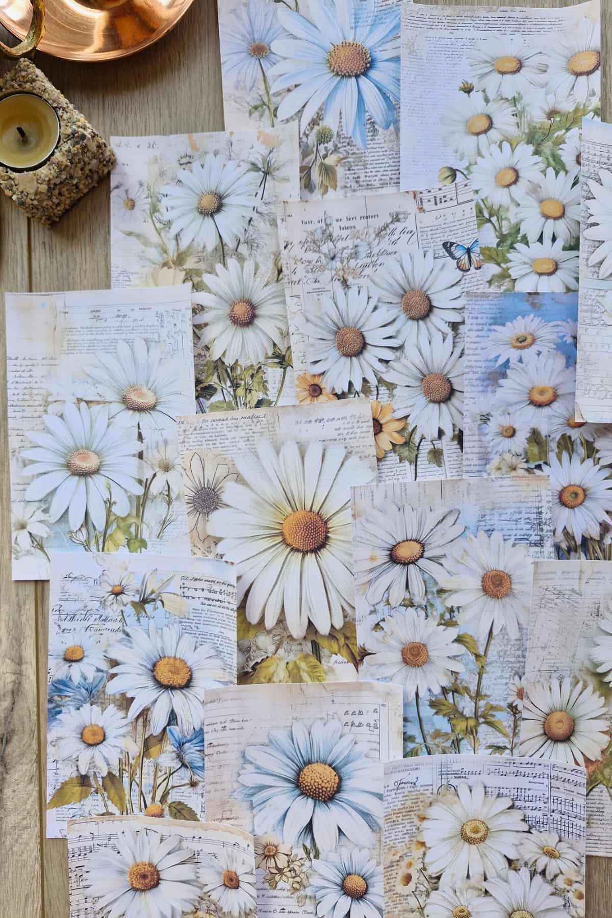 15 Adet Eskitme Vintage Papatya Temalı Scrapbook Kağıt Seti Bullet Journal Dekupaj Kağıdı