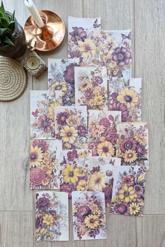15 Adet Eskitme Vintage Çiçek Temalı Scrapbook Kağıt Seti Bullet Journal Dekupaj Kağıdı Bordo Sarı
