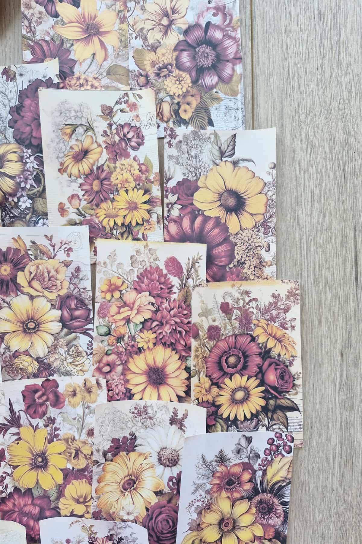 15 Adet Eskitme Vintage Çiçek Temalı Scrapbook Kağıt Seti Bullet Journal Dekupaj Kağıdı Bordo Sarı