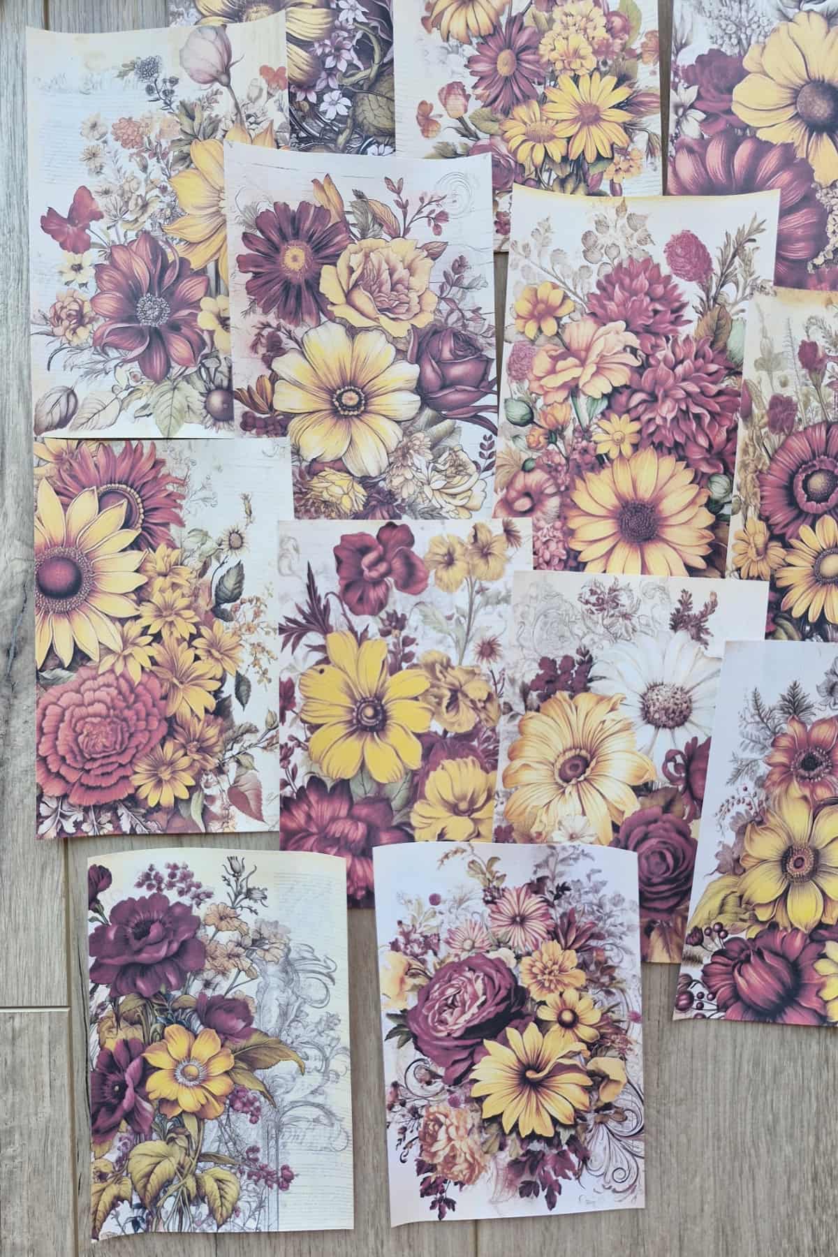 15 Adet Eskitme Vintage Çiçek Temalı Scrapbook Kağıt Seti Bullet Journal Dekupaj Kağıdı Bordo Sarı
