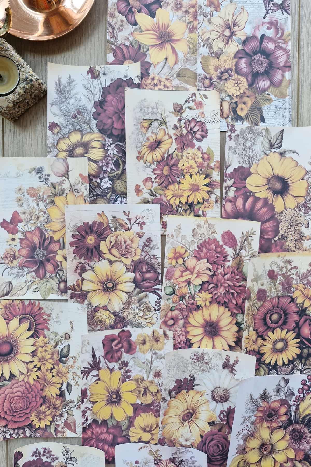 15 Adet Eskitme Vintage Çiçek Temalı Scrapbook Kağıt Seti Bullet Journal Dekupaj Kağıdı Bordo Sarı