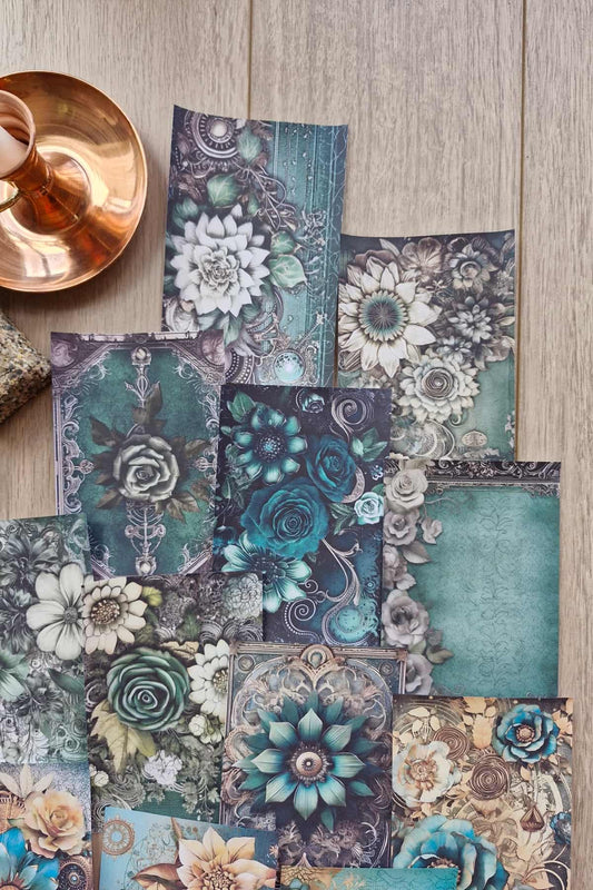 15 Adet Eskitme Vintage Zümrüt Yeşil Temalı Scrapbook Kağıt Seti Bullet Journal Dekupaj Kağıdı Çiçek