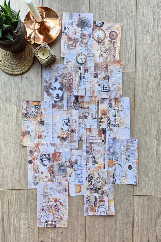 15 Adet Eskitme Vintage Temalı Scrapbook Kağıt Seti Bullet Journal Dekupaj Kağıdı