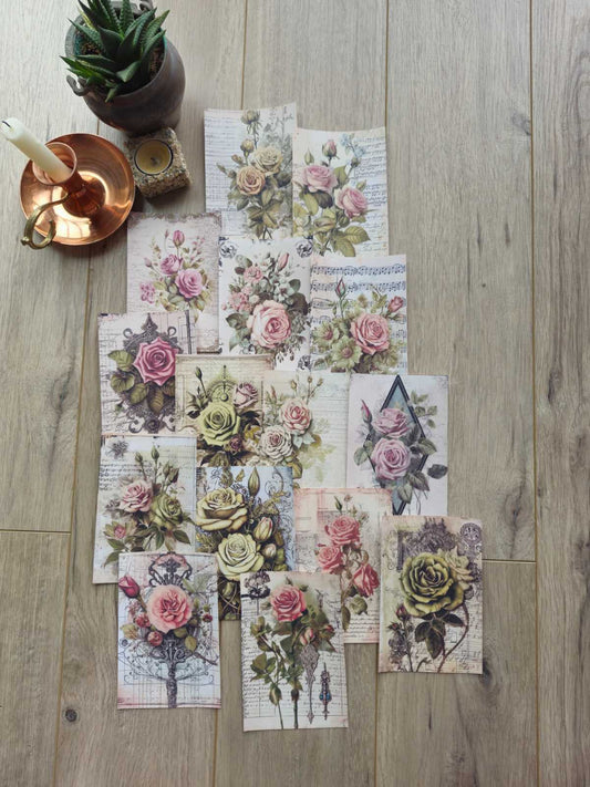 15 Adet Vintage Gül Scrapbook Kağıt Seti Bullet Journal Dekupaj Kağıdı