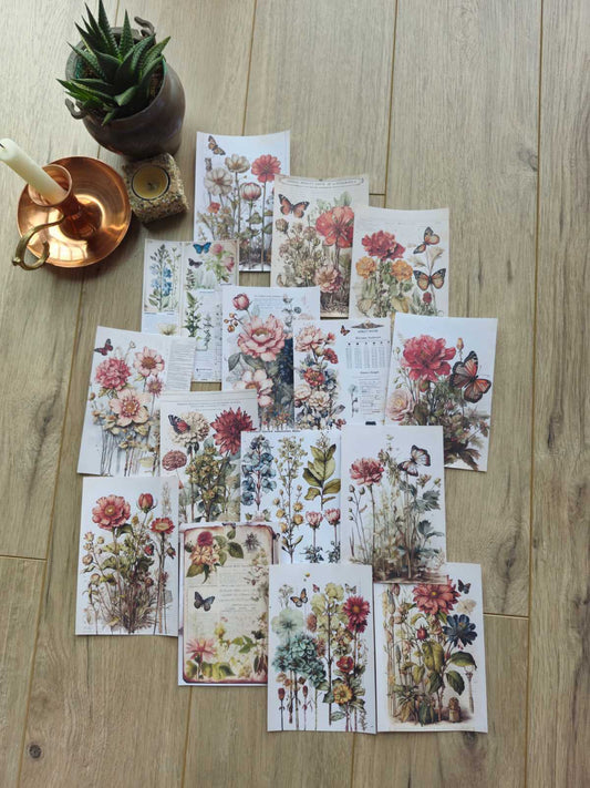 15 Adet Vintage Kelebek Çiçek Scrapbook Kağıt Seti Bullet Journal Dekupaj Kağıdı