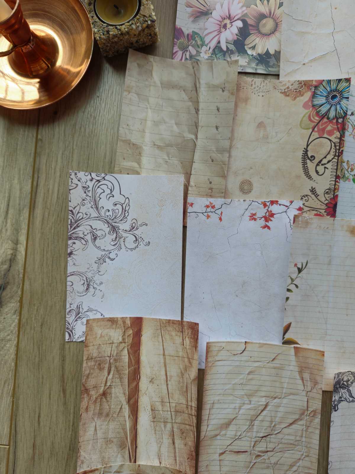 15 Adet Eskitme Vintage Kağıt Çiçek Temalı Scrapbook Kağıt Seti Bullet Journal Dekupaj Kağıdı