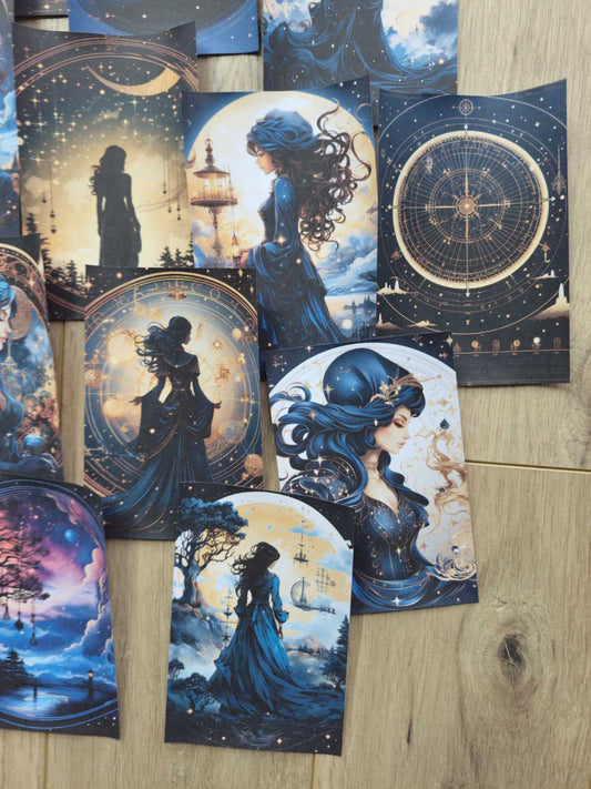15 Adet Siyah Gece Kadın Ay Temalı Scrapbook Kağıt Seti Bullet Journal Dekupaj Kağıdı