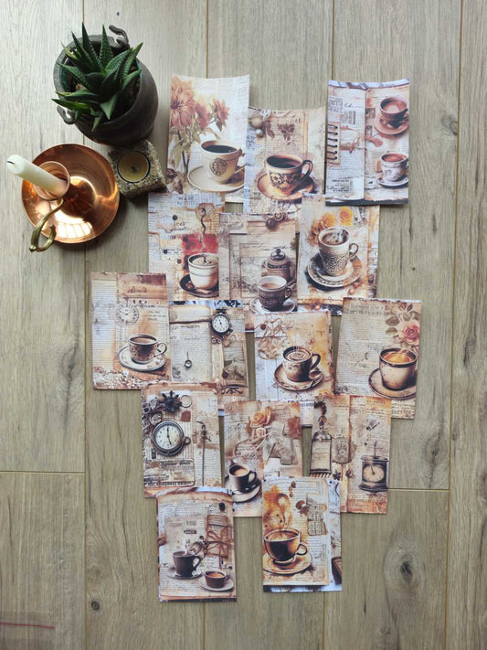 15 Adet Eskitme Vintage Kahve Fincan Temalı Scrapbook Kağıt Seti Bullet Journal Dekupaj Kağıdı