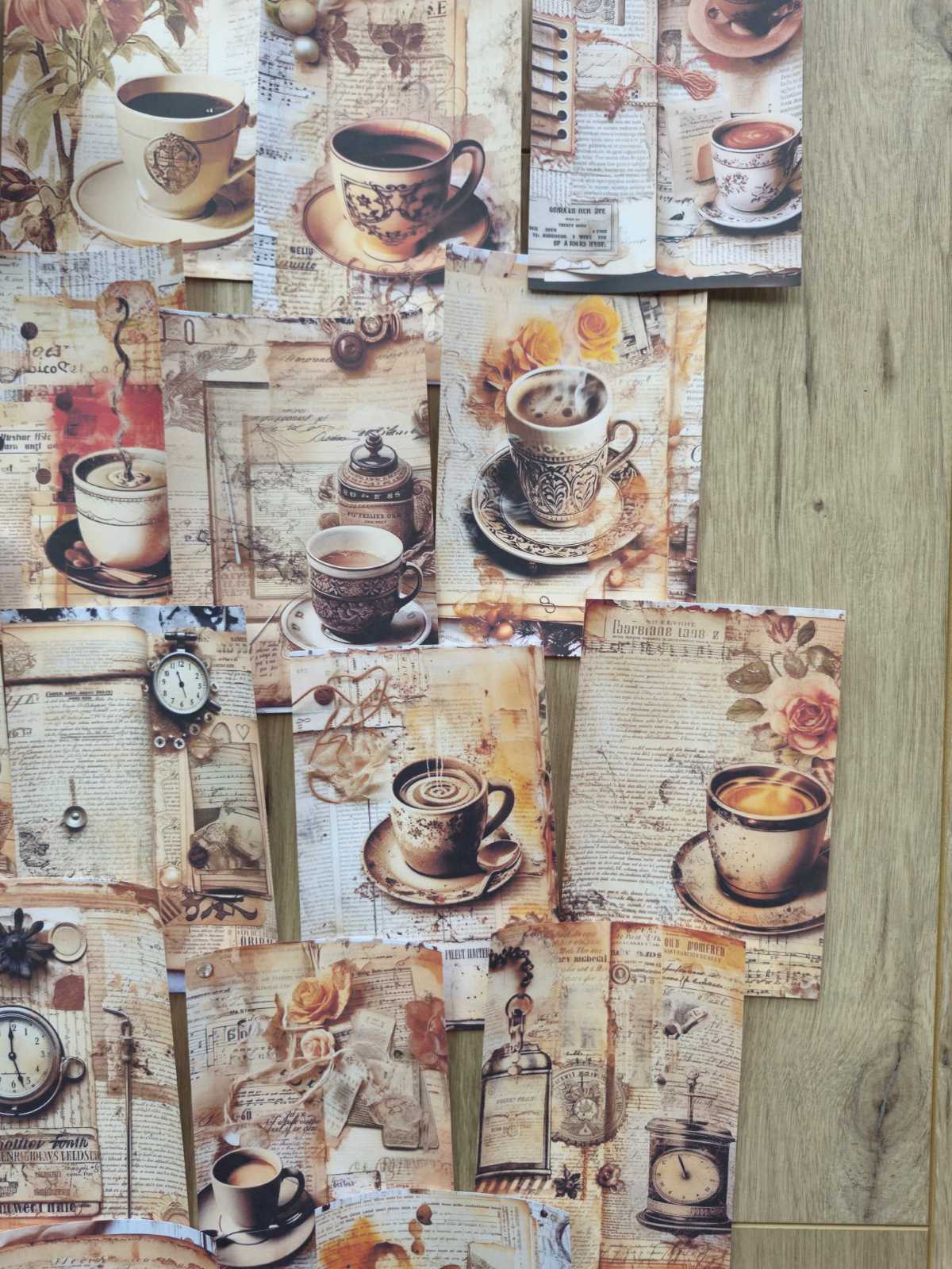 15 Adet Eskitme Vintage Kahve Fincan Temalı Scrapbook Kağıt Seti Bullet Journal Dekupaj Kağıdı