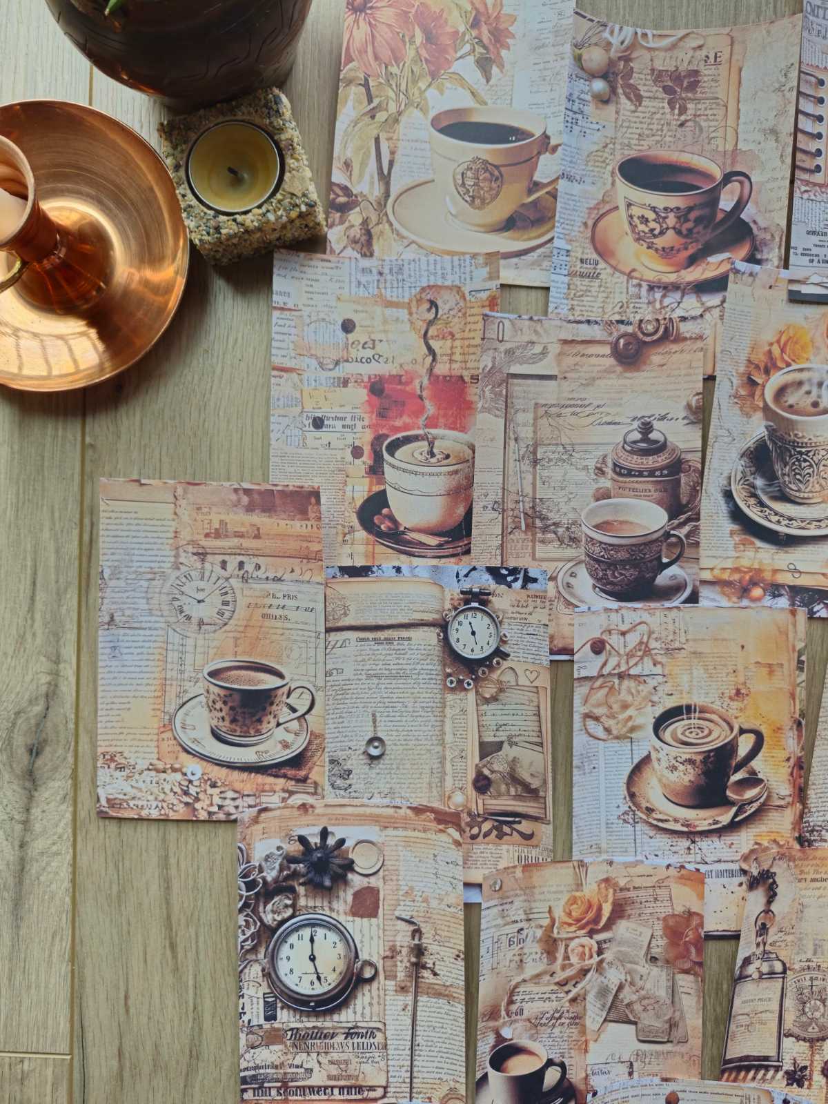 15 Adet Eskitme Vintage Kahve Fincan Temalı Scrapbook Kağıt Seti Bullet Journal Dekupaj Kağıdı