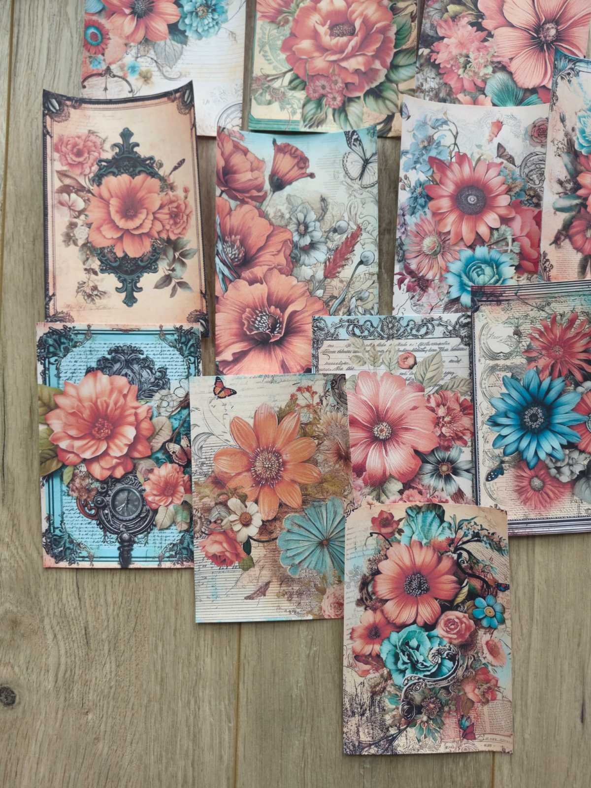15 Adet Vintage Turkuaz Mercan Gül Temalı Scrapbook Kağıt Seti Bullet Journal Dekupaj Kağıdı
