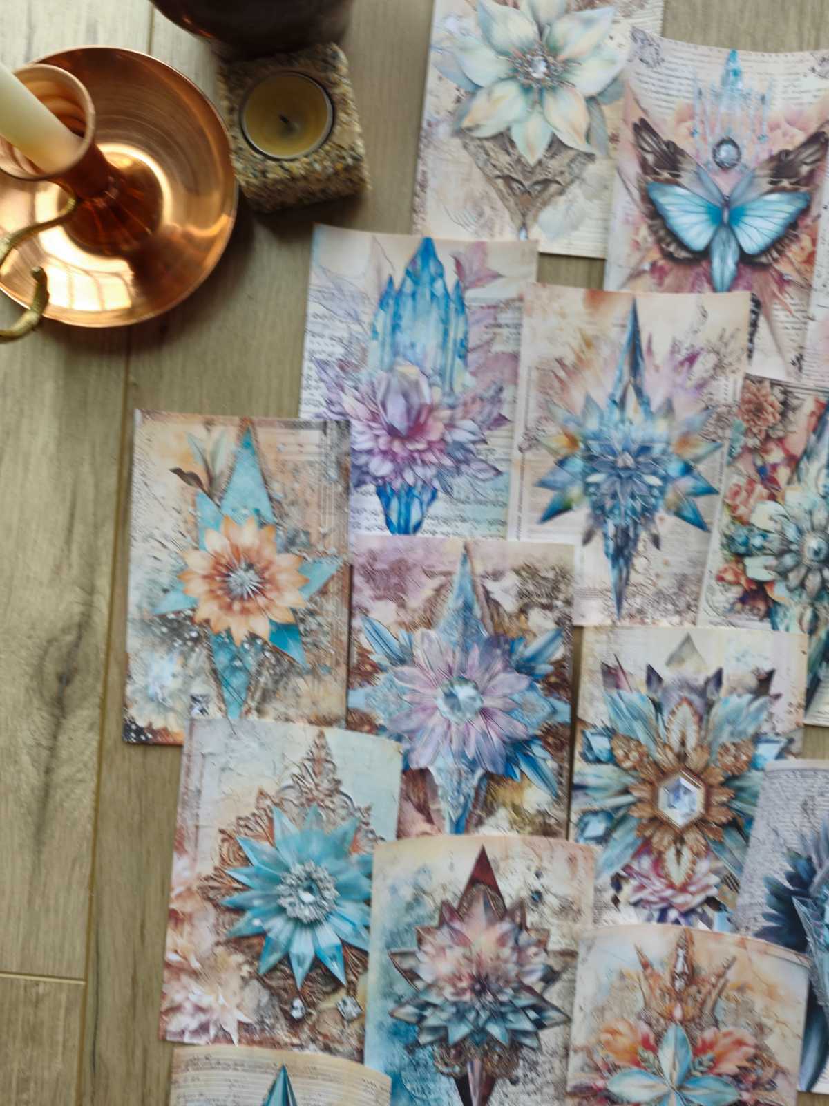15 Adet Vintage Kristal Çiçek Temalı Scrapbook Kağıt Seti Bullet Journal Dekupaj Kağıdı