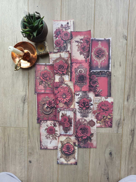 15 Adet Vintage Bordo Kırmızı Gül Temalı Scrapbook Kağıt Seti Bullet Journal Dekupaj Kağıdı