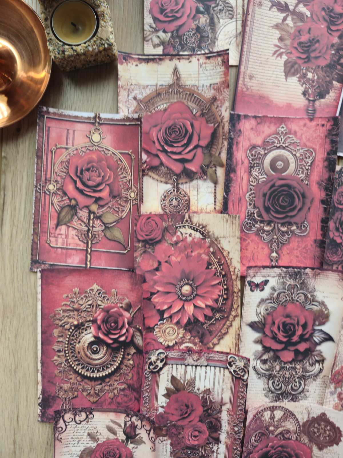 15 Adet Vintage Bordo Kırmızı Gül Temalı Scrapbook Kağıt Seti Bullet Journal Dekupaj Kağıdı