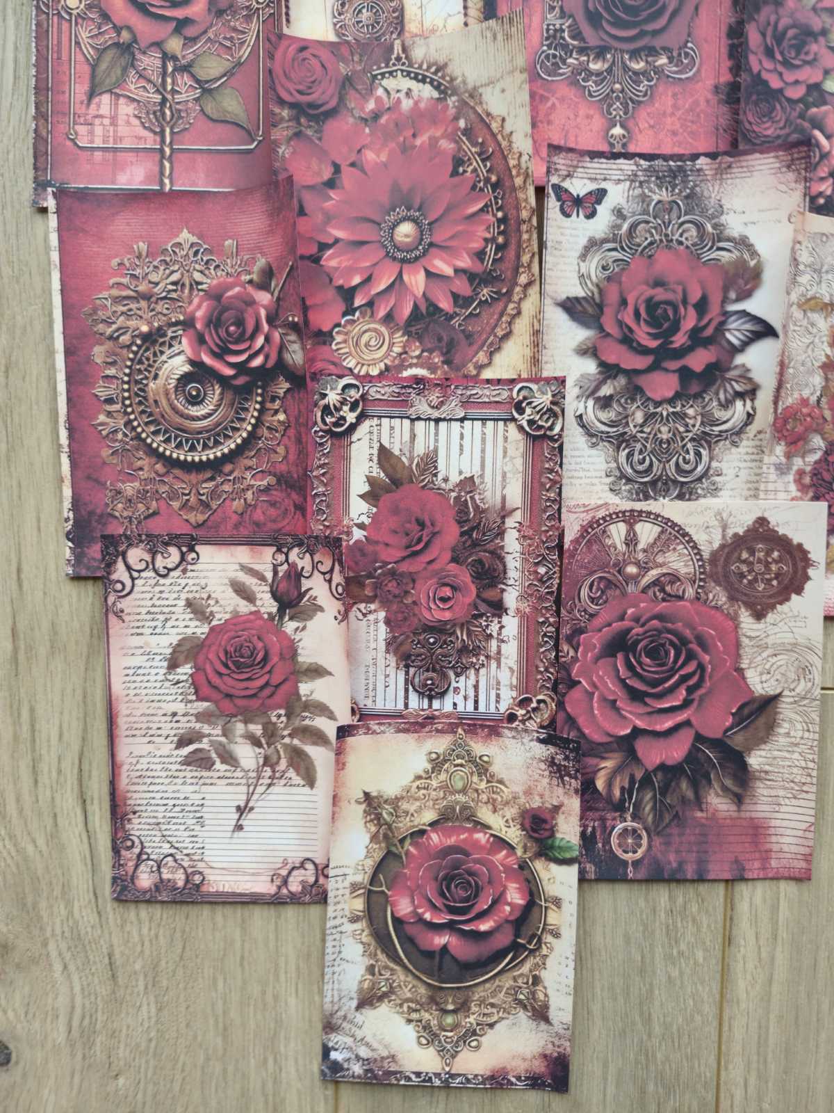 15 Adet Vintage Bordo Kırmızı Gül Temalı Scrapbook Kağıt Seti Bullet Journal Dekupaj Kağıdı