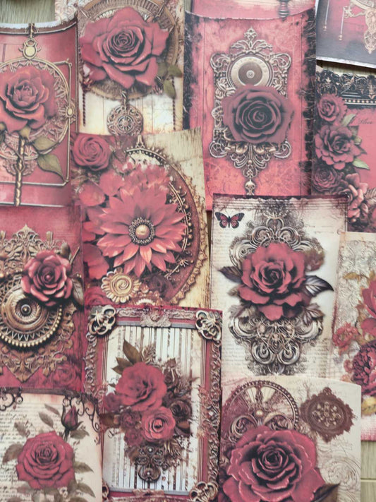 15 Adet Vintage Bordo Kırmızı Gül Temalı Scrapbook Kağıt Seti Bullet Journal Dekupaj Kağıdı