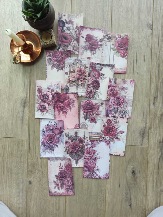 15 Adet Vintage Eskitme Kırmızı Gül Çiçek Temalı Scrapbook Kağıt Seti Bullet Journal Dekupaj Kağıdı