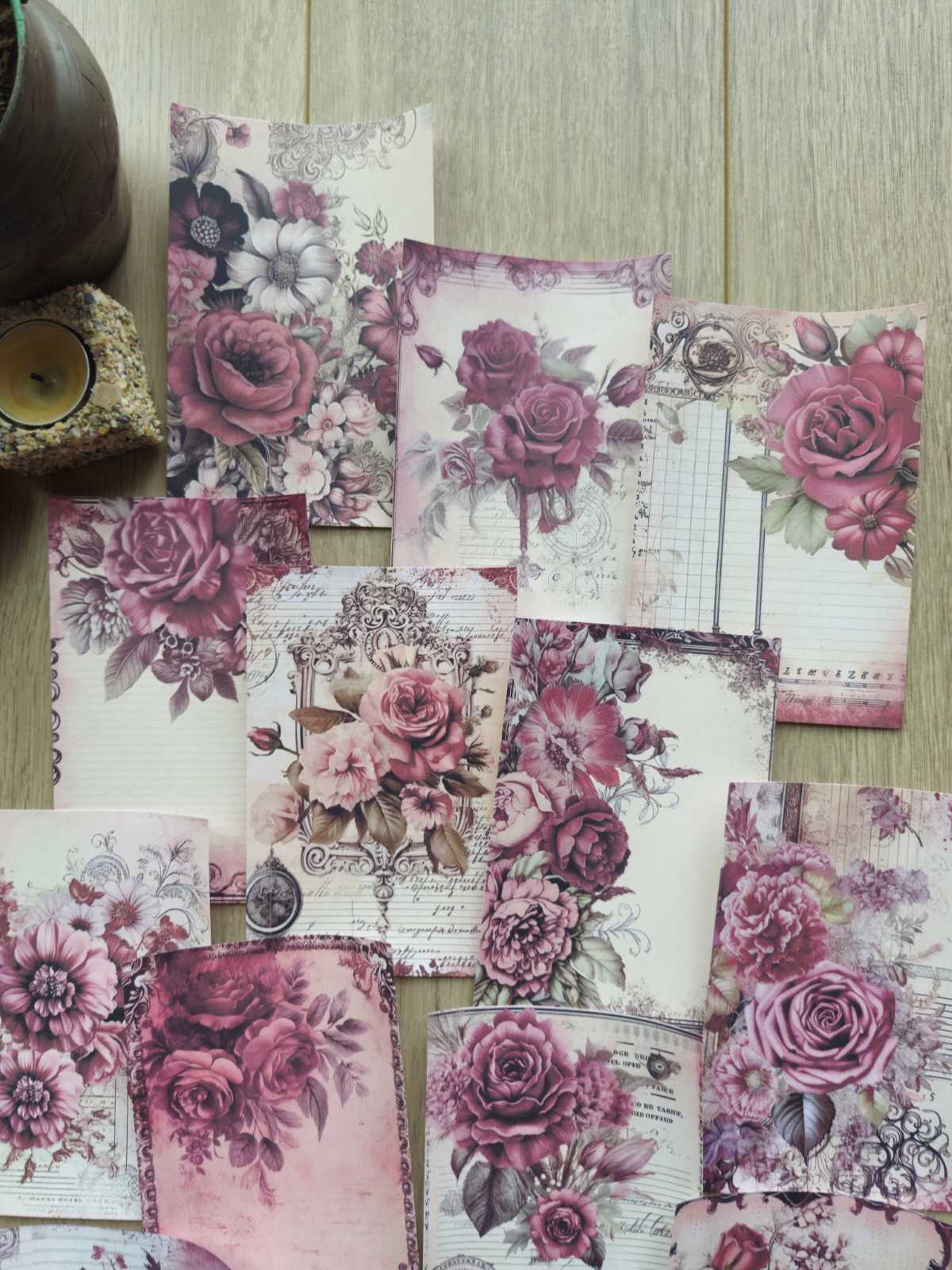 15 Adet Vintage Eskitme Kırmızı Gül Çiçek Temalı Scrapbook Kağıt Seti Bullet Journal Dekupaj Kağıdı