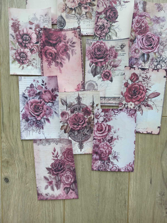 15 Adet Vintage Eskitme Kırmızı Gül Çiçek Temalı Scrapbook Kağıt Seti Bullet Journal Dekupaj Kağıdı