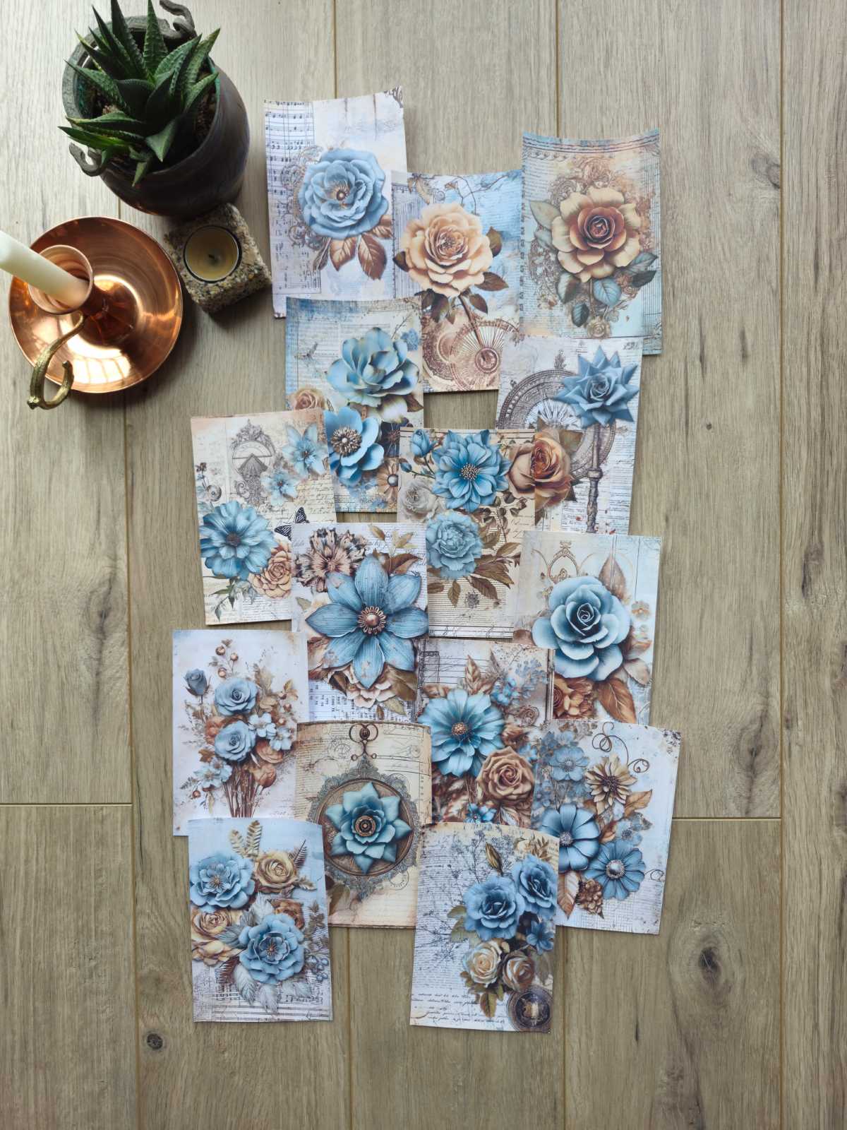 15 Adet Vintage Eskitme Mavi Gül Çiçek Temalı Scrapbook Kağıt Seti Bullet Journal Dekupaj Kağıdı