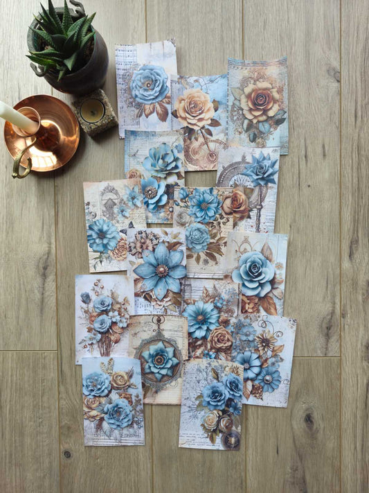 15 Adet Vintage Eskitme Mavi Gül Çiçek Temalı Scrapbook Kağıt Seti Bullet Journal Dekupaj Kağıdı