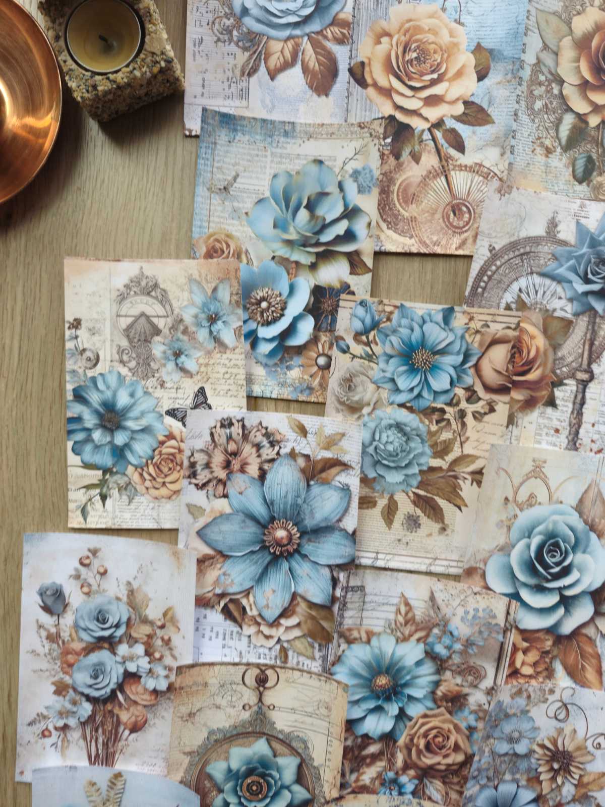 15 Adet Vintage Eskitme Mavi Gül Çiçek Temalı Scrapbook Kağıt Seti Bullet Journal Dekupaj Kağıdı