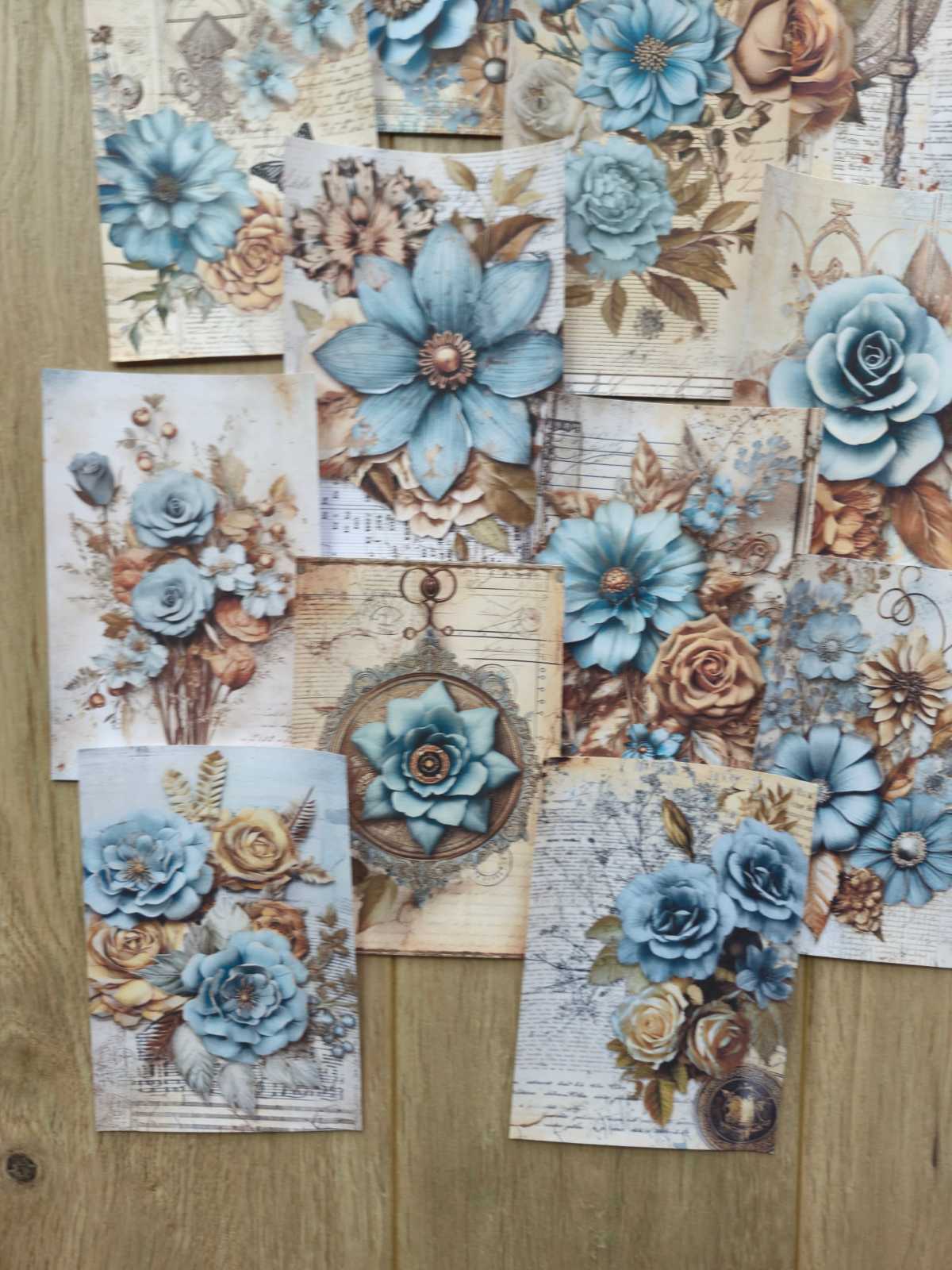 15 Adet Vintage Eskitme Mavi Gül Çiçek Temalı Scrapbook Kağıt Seti Bullet Journal Dekupaj Kağıdı