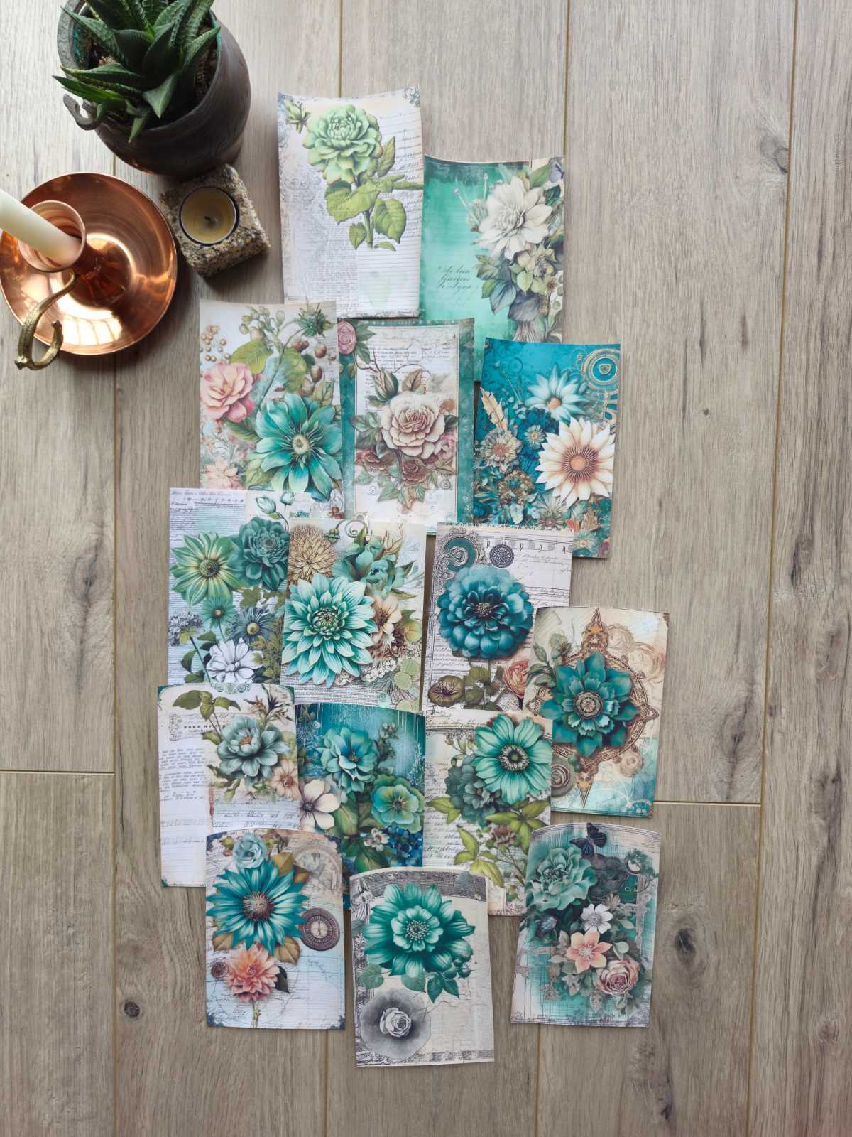 15 Adet Vintage Eskitme Yeşil Gül Çiçek Temalı Scrapbook Kağıt Seti Bullet Journal Dekupaj Kağıdı
