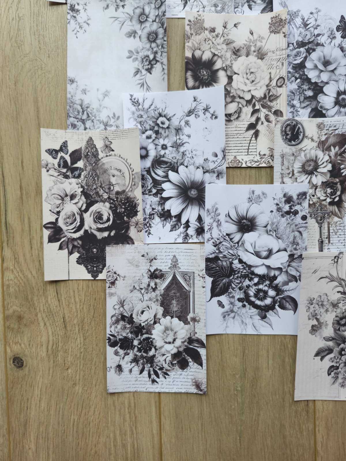14 Adet Siyah Beyaz Çiçek Temalı Scrapbook Kağıt Seti Bullet Journal Dekupaj Kağıdı
