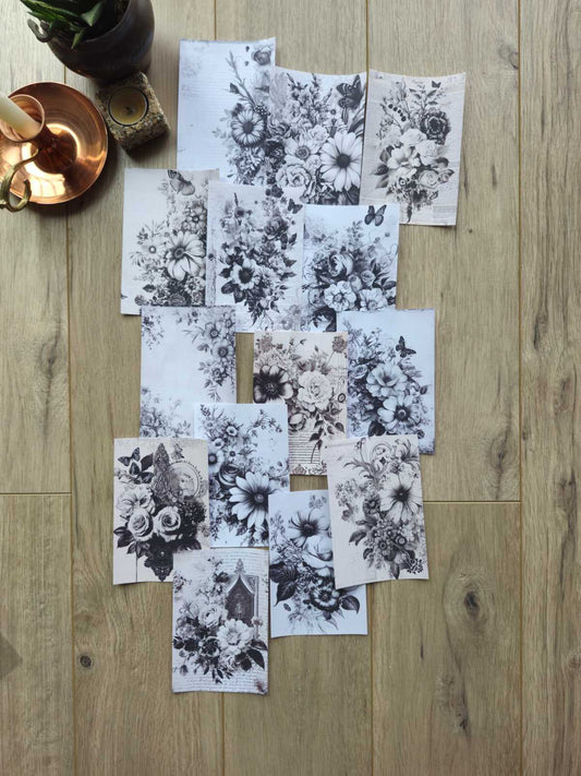 14 Adet Siyah Beyaz Çiçek Temalı Scrapbook Kağıt Seti Bullet Journal Dekupaj Kağıdı