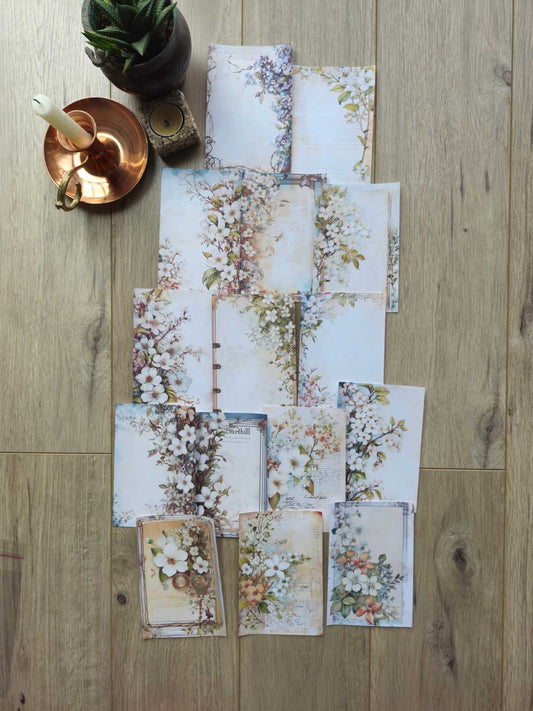 15 Adet Vintage Eskitme Kenar Çiçek Temalı Scrapbook Kağıt Seti Bullet Journal Dekupaj Kağıdı