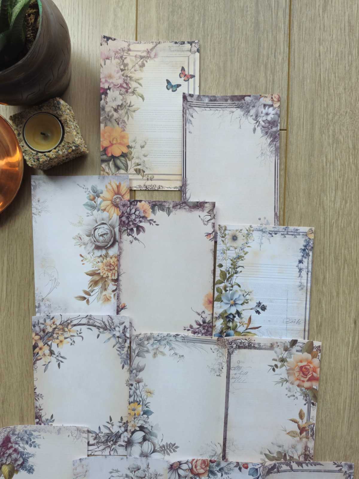 15 Adet Vintage Eskitme Kenar Çiçek Temalı Scrapbook Kağıt Seti Bullet Journal Dekupaj Kağıdı
