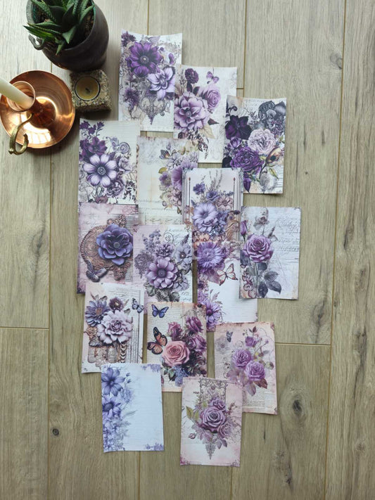 15 Adet Vintage Eskitme Mor Gül Çiçek Temalı Scrapbook Kağıt Seti Bullet Journal Dekupaj Kağıdı