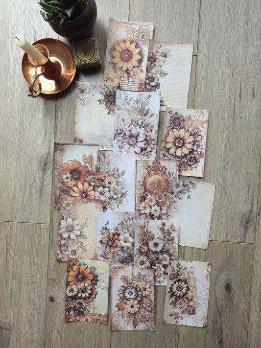 15 Adet Vintage Eskitme Kahverengi Gül Temalı Scrapbook Kağıt Seti Bullet Journal Dekupaj Kağıdı