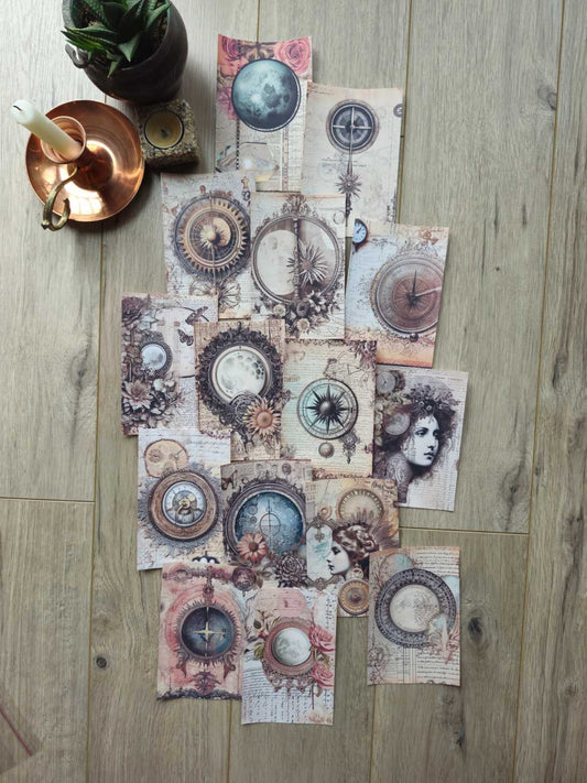 15 Adet Eskitme Gazete Ay Pusula Temalı Scrapbook Kağıt Seti Bullet Journal Dekupaj Kağıdı