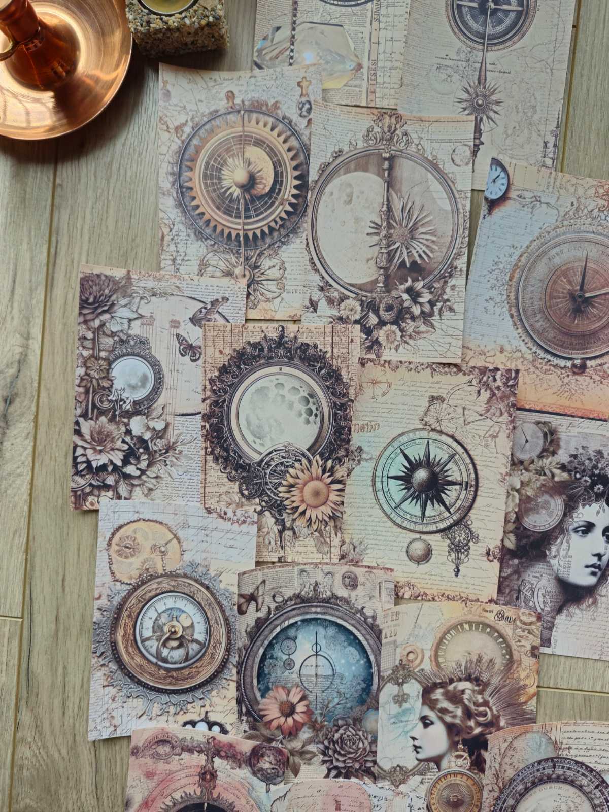 15 Adet Eskitme Gazete Ay Pusula Temalı Scrapbook Kağıt Seti Bullet Journal Dekupaj Kağıdı