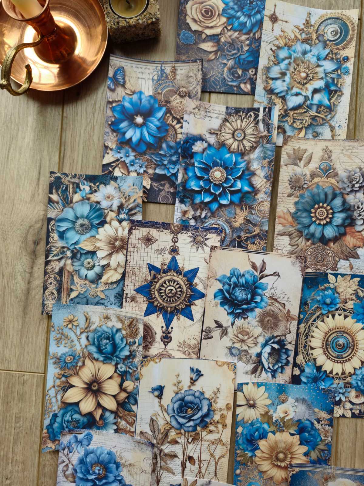 15 Adet Mavi Gold Gül Temalı Scrapbook Kağıt Seti Bullet Journal Dekupaj Kağıdı
