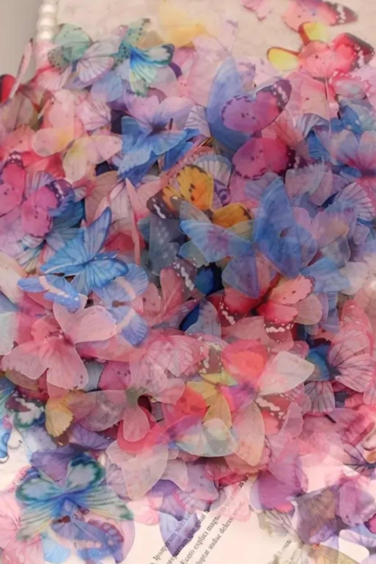 100 Adet Tül Kelebek Renkli Pembe Mor Süsleme Elbise Makyaj Küpe Şifon