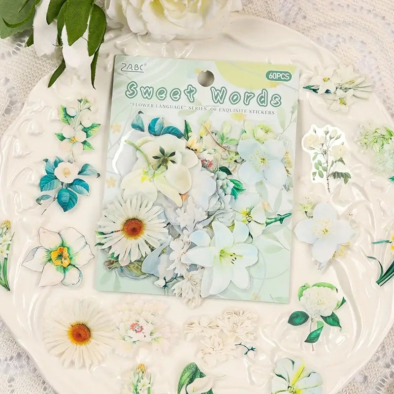 60 Adet Gerçek Görünümlü Şeffaf Çiçek Sticker Seti Bullet Journal Scrapbook Şeffaf Sticker Laptop Ajanda Planlayıcı