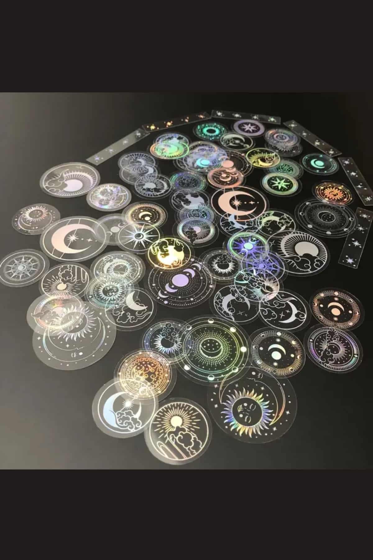70 Adet Yuvarlak Astronomi Şeffaf Sticker Bullet Journal Scrapbook Laptop Ajanda Planlayıcı Gümüş