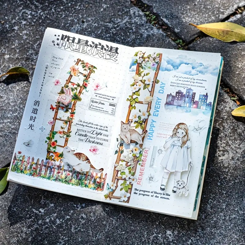 Şeffaf Ahşap Çiçek Merdiven Tema Pet Bant Rulo 4cmx2m Scrapbook Bullet Journal Ajanda Washi Tape