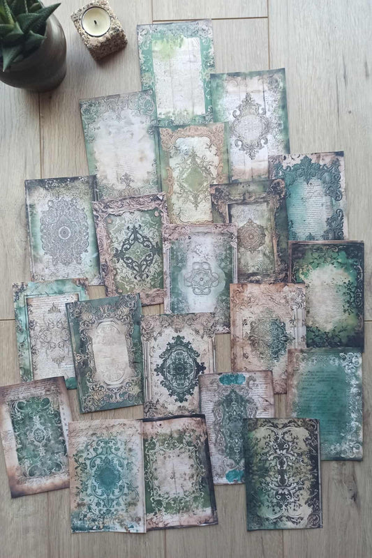 20 Adet Eskitme Vintage Yeşil Temalı Scrapbook Kağıt Seti Bullet Journal Dekupaj Kağıdı
