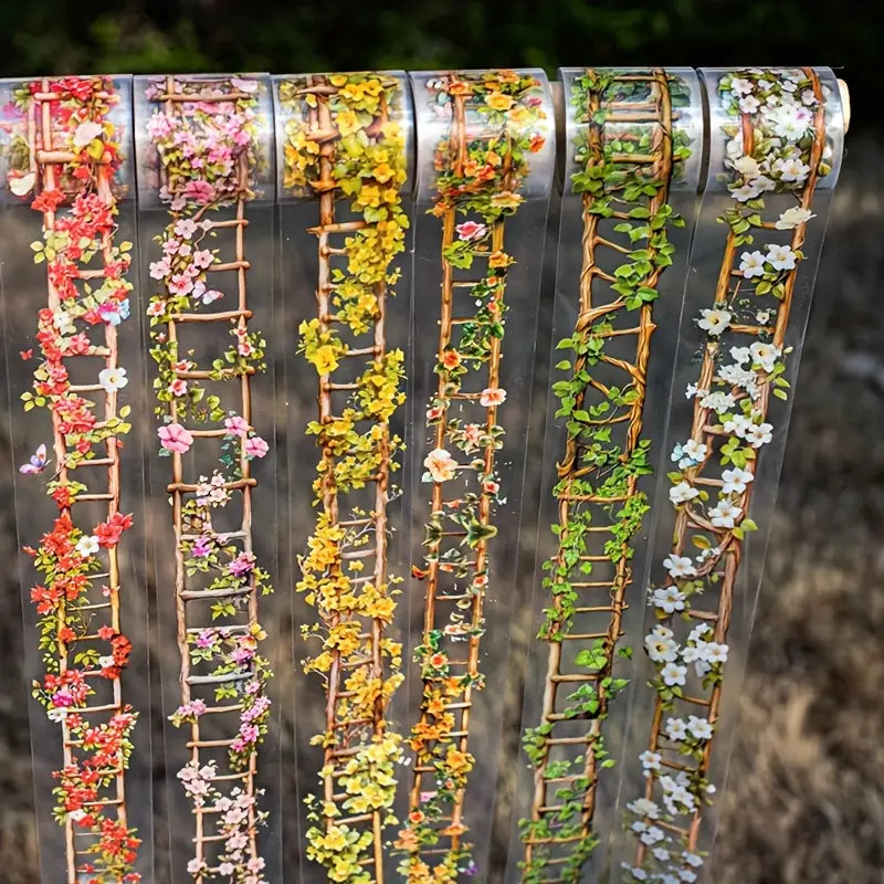 Şeffaf Ahşap Çiçek Merdiven Tema Pet Bant Rulo 4cmx2m Scrapbook Bullet Journal Ajanda Washi Tape