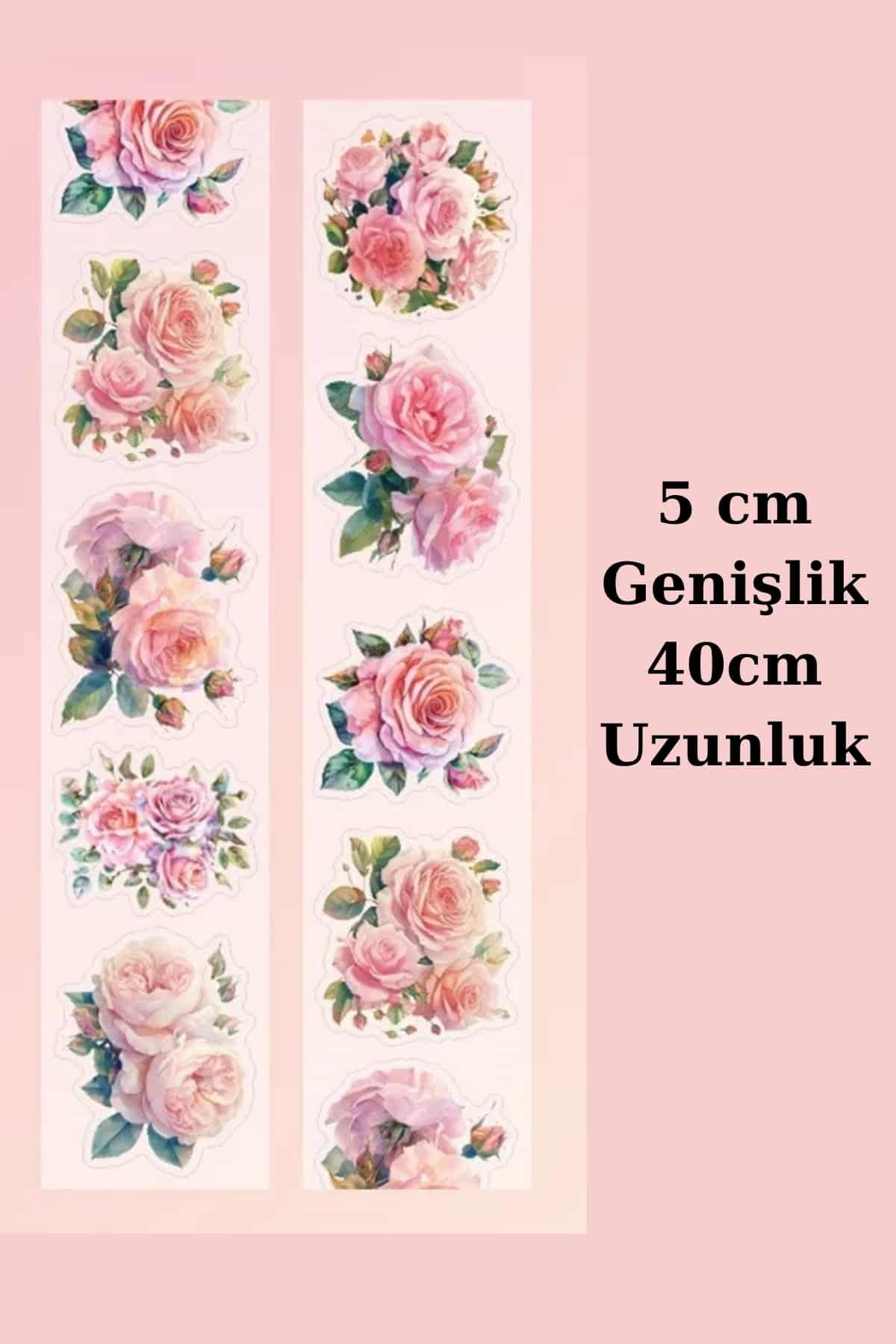 Pembe Şeffaf Çiçek Sticker Kesimli Bant Pet Tape Döngü 5x40cm Scrapbook Bullet Journal Ajanda Gül